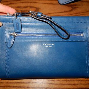 COACH large DARK TEAL leather clutch with wrist strap NWOT
